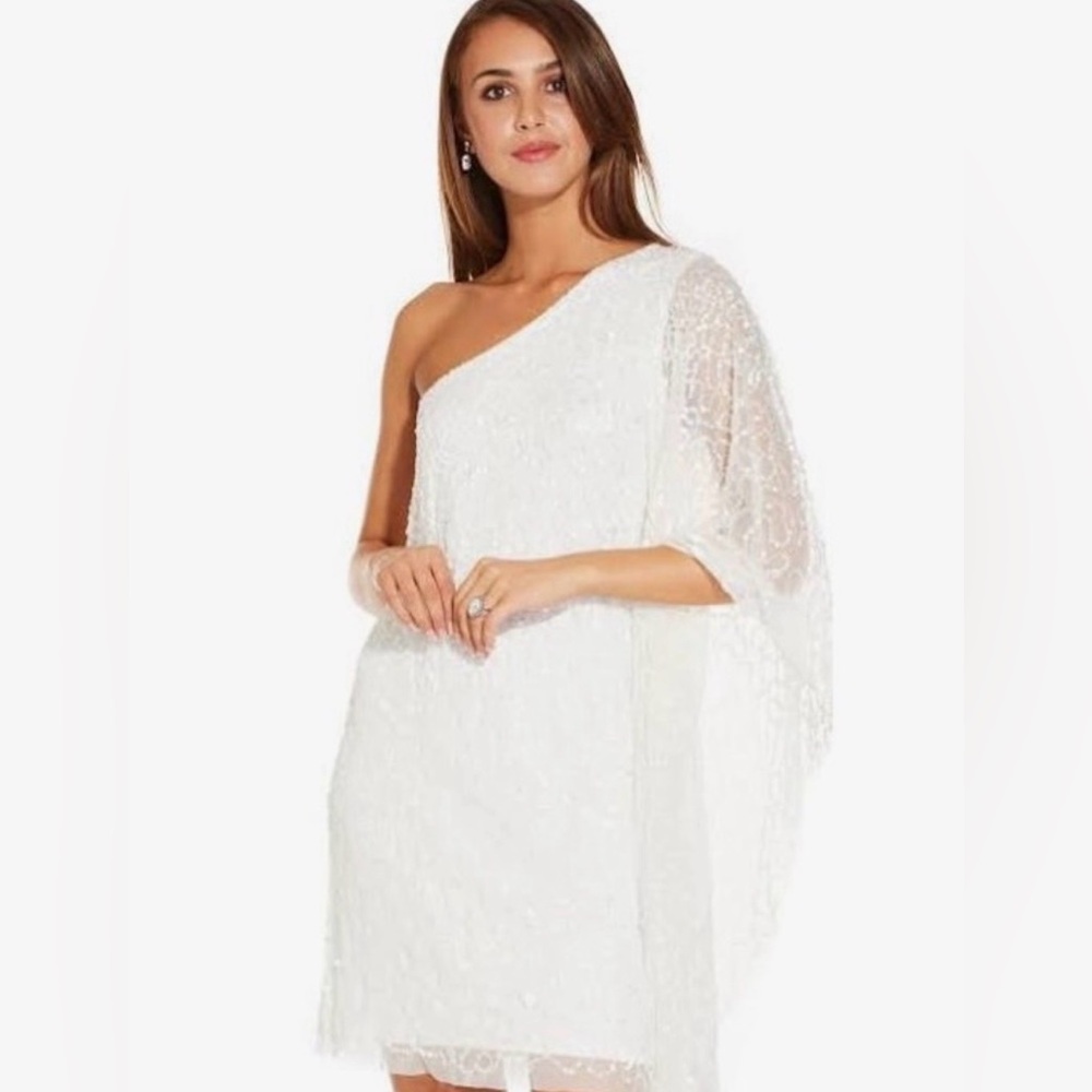 Adrianna Papell One-Shoulder White beaded Lace Cocktail kaftan Dress size M